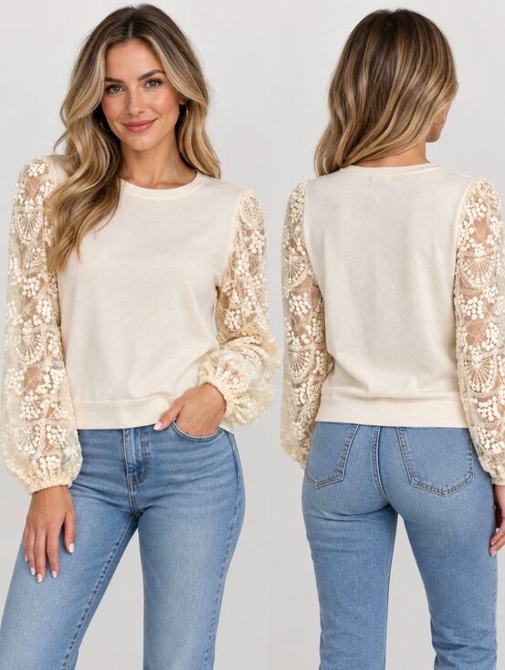 Adrianna Papell Tops - Adrianna Papell XL Ivory Lace Sleeve Sweater Romantic Cottagecore NWT